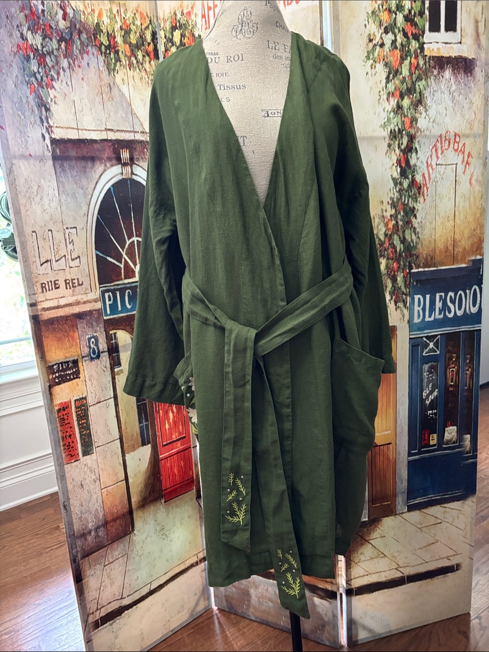 Gudrun Sjoden Women’s Embroidered Wrap Robe with Belt, Green, Size Medium